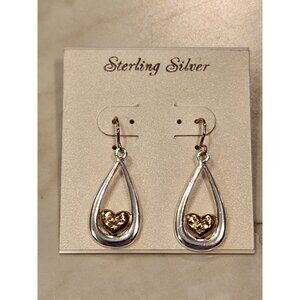 Sterling Silver & Gold Teardrop Earrings With Heart Accents